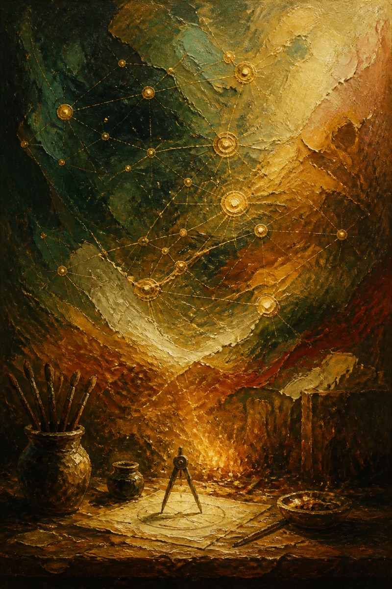 Oil painting: a golden constellation of intelligence over an artisan's worktable