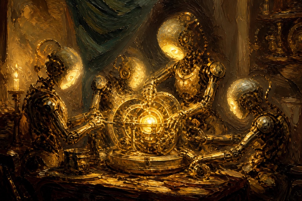 Oil painting: luminous automaton figures collaborating around a radiant mechanism