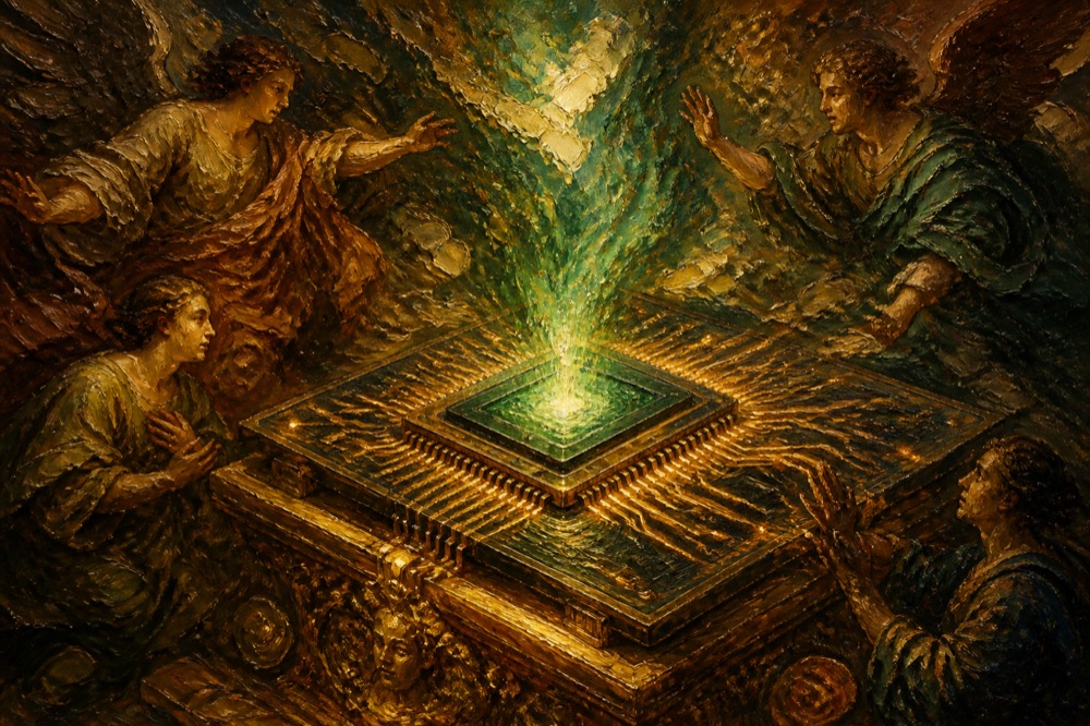 Oil painting: a glowing GPU rendered as an altar of computation