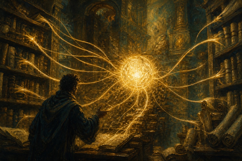 Oil painting: golden threads of knowledge drawn from an archive into a glowing orb